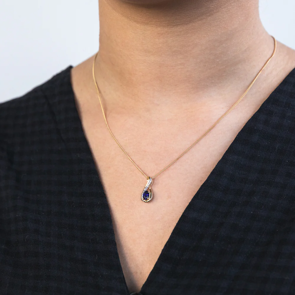 9ct Yellow Gold Created Sapphire & Diamond Pendant - Image 2