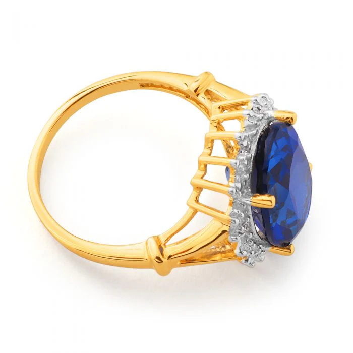 9ct Yellow Gold Created Sapphire & Diamond Ring - Image 2