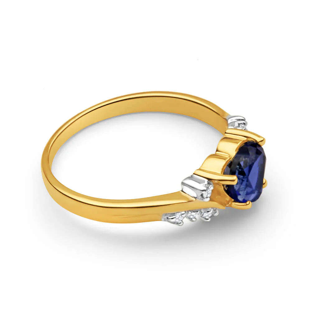 9ct Yellow Gold Created Sapphire Heart + Diamond Ring - Image 2