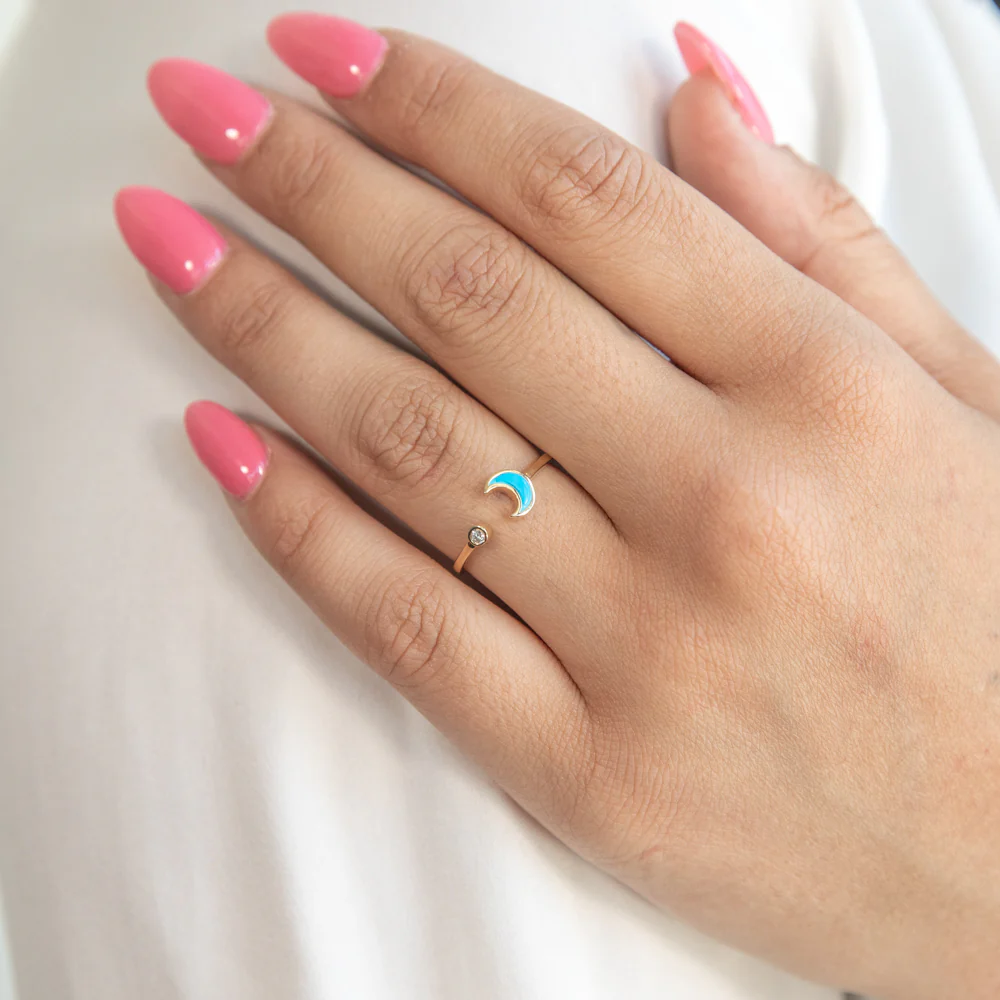 9ct Yellow Gold Created Turquoise and Zirconia Crescent Moon Ring - Image 2