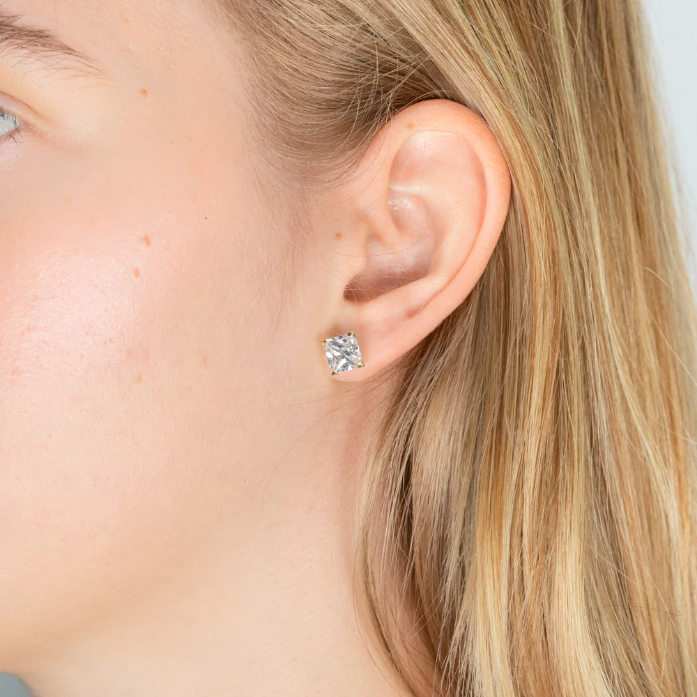9ct Yellow Gold Cubic Zirconia 7mm Princess Cut Stud Earrings - Image 2