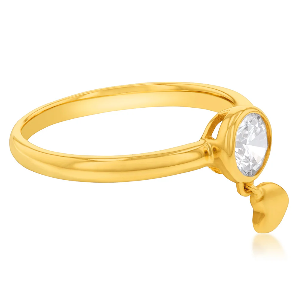 9ct Yellow Gold Cubic Zirconia And Dangling Heart Charm Ring - Image 2