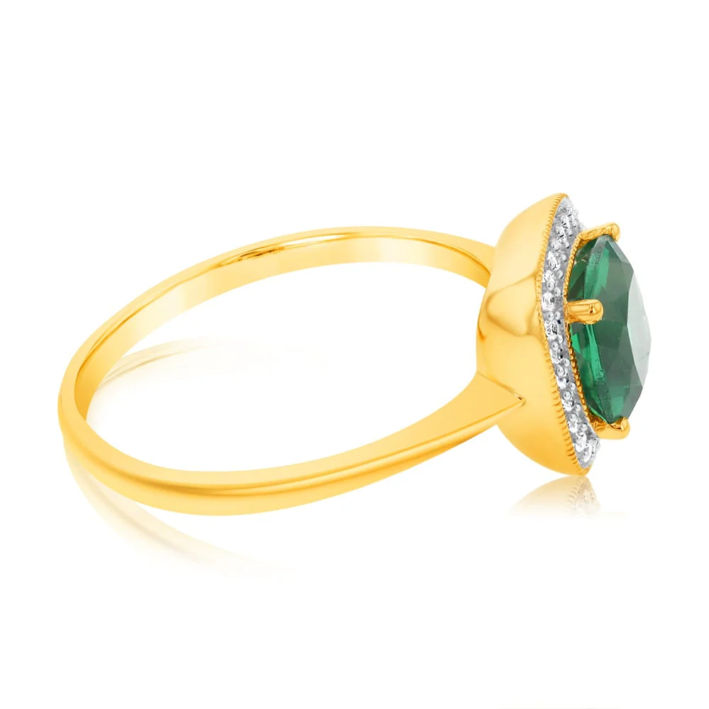9ct Yellow Gold Cubic Zirconia And Glass Filled Emerald Ring - Image 2