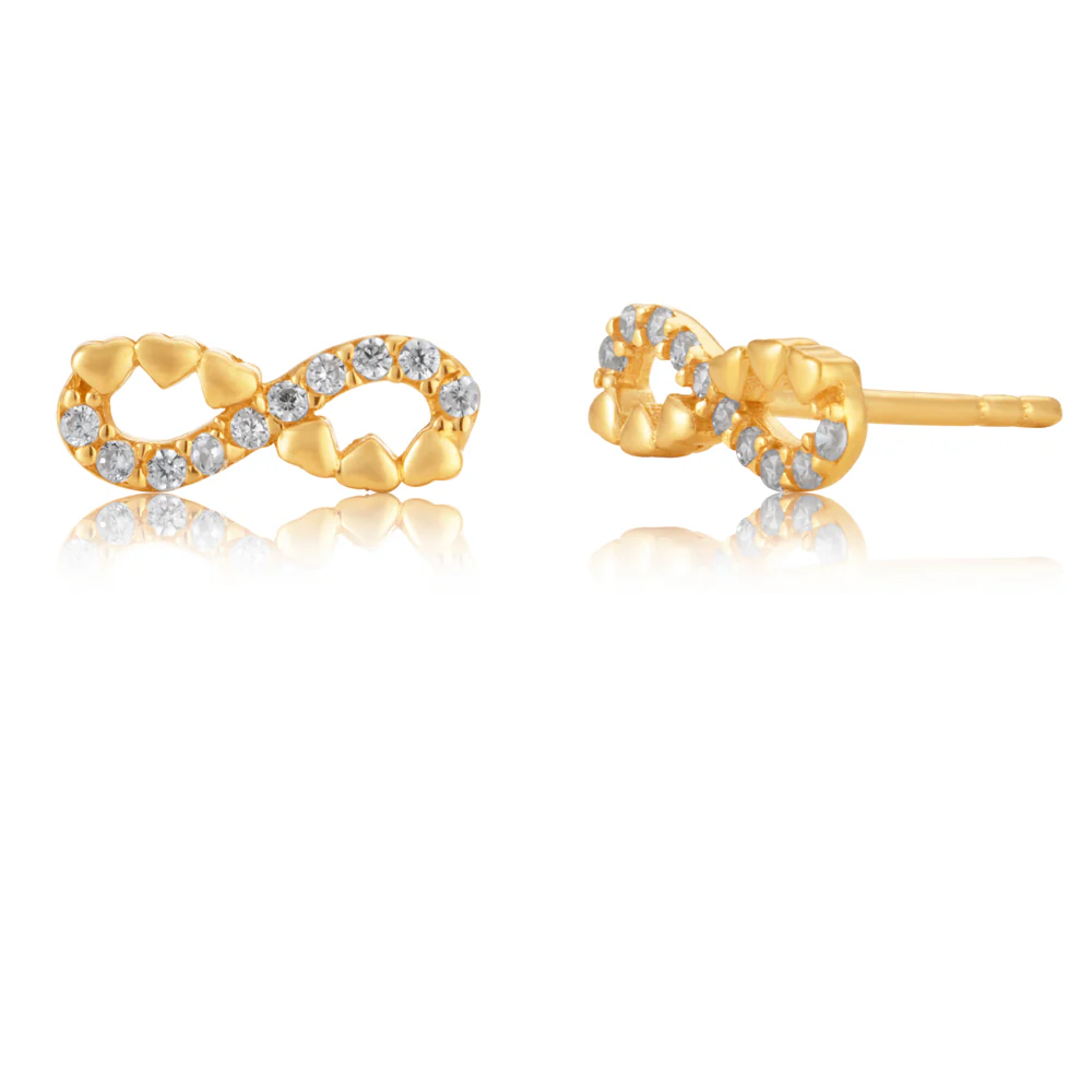9ct Yellow Gold Cubic Zirconia and Heart Embossed Infinity Stud Earrings - Image 2