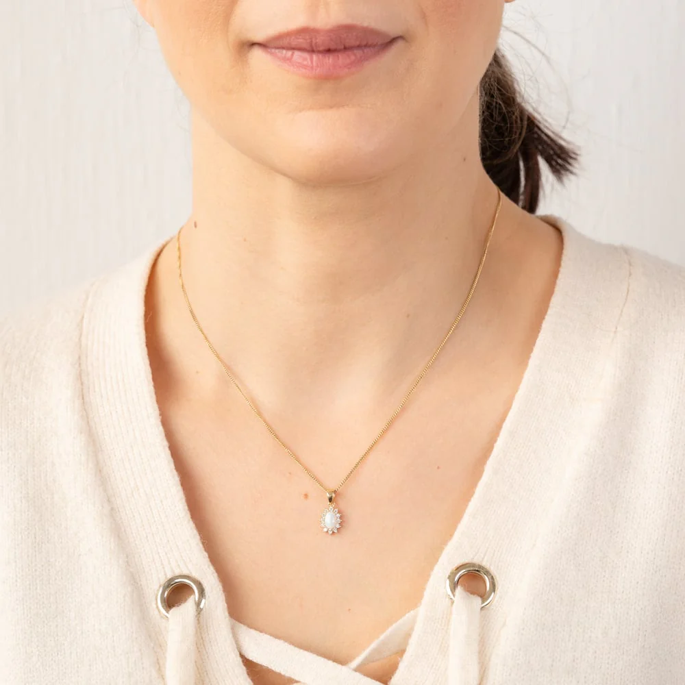 9ct Yellow Gold Cubic Zirconia And Opal Oval Flower Pendant - Image 2