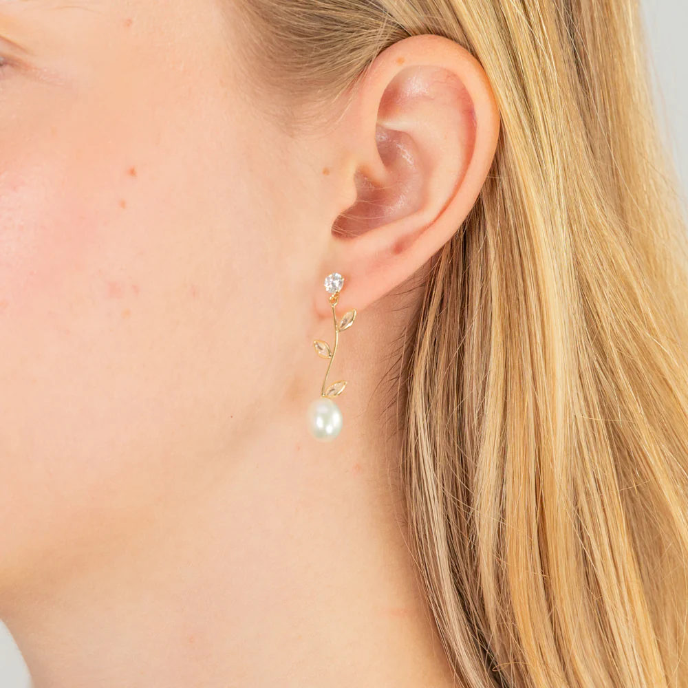 9ct Yellow Gold Cubic Zirconia Flower Pearl Drop Earrings - Image 2