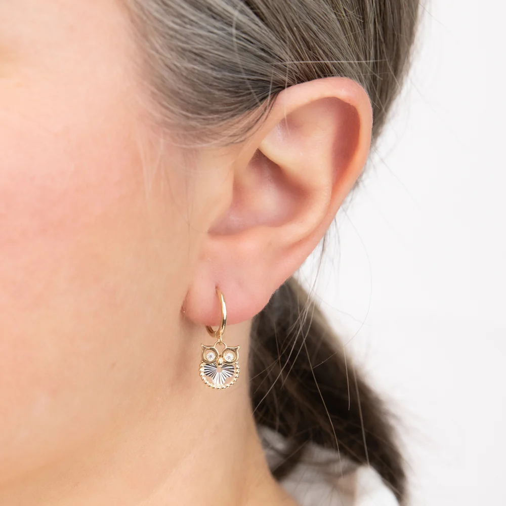 9ct Yellow Gold Cubic Zirconia Owl Hoop Earrings - Image 2