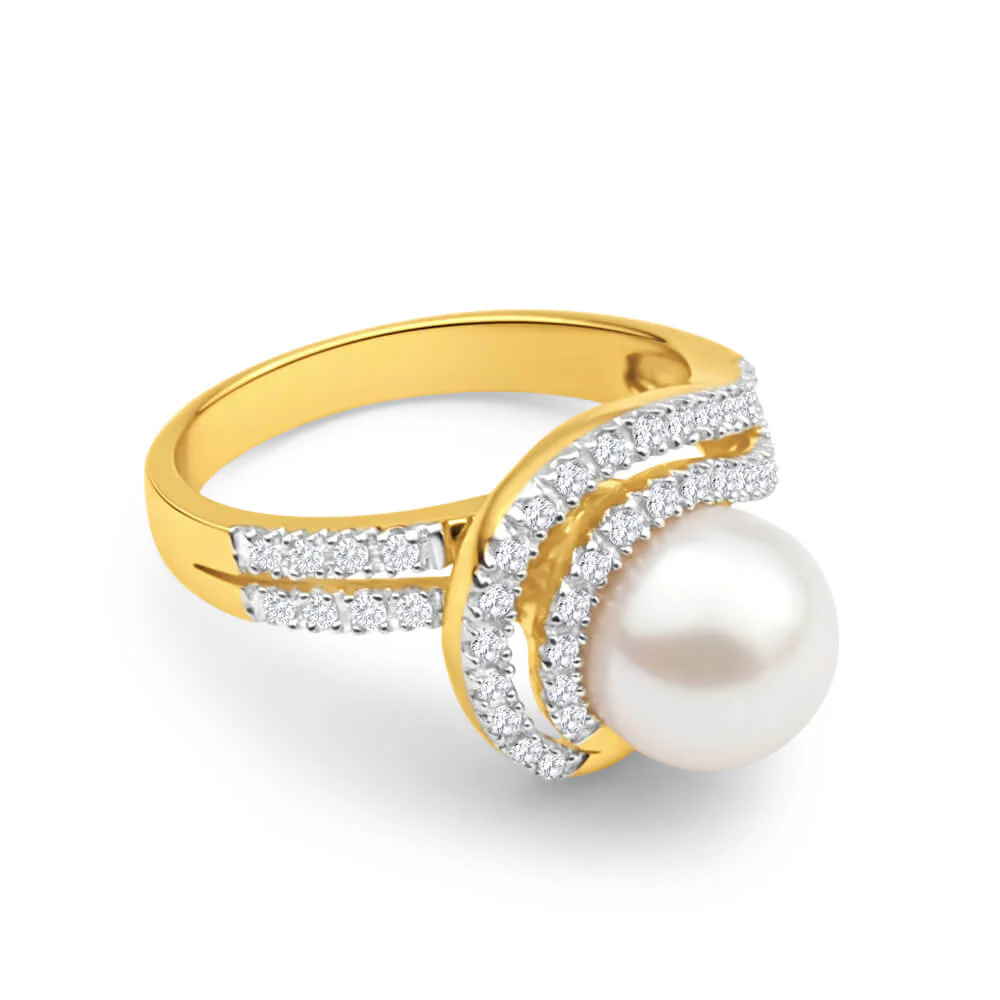 9ct Yellow Gold Cultured Pearl and Diamond Swirl Ring - Image 2