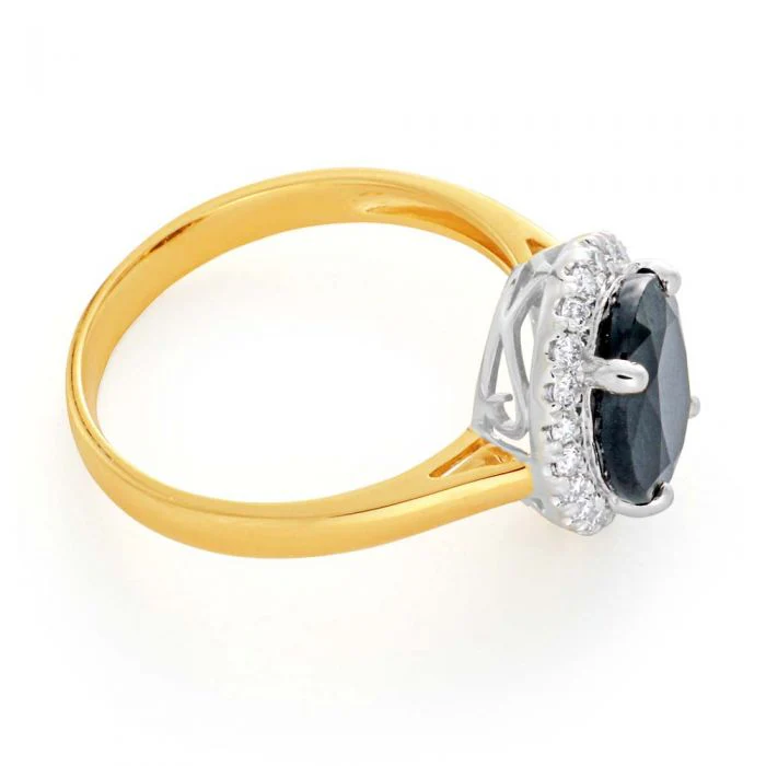 9ct Yellow Gold Diamond 3.75ct Natural Black Sapphire and 1/4 Carat Diamond Ring - Image 2
