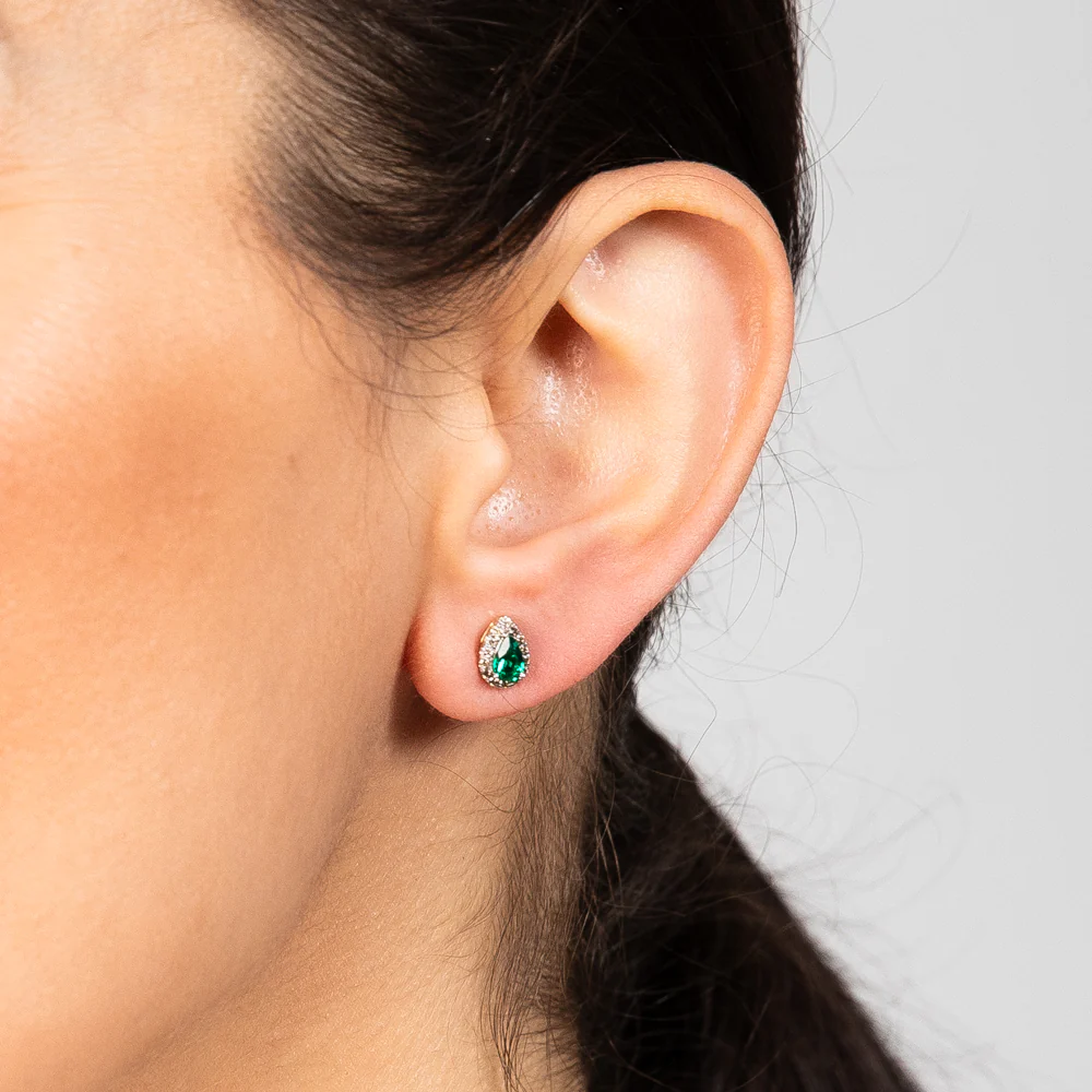 9ct Yellow Gold Diamond And Created Pear Emerald Stud Earrings - Image 2