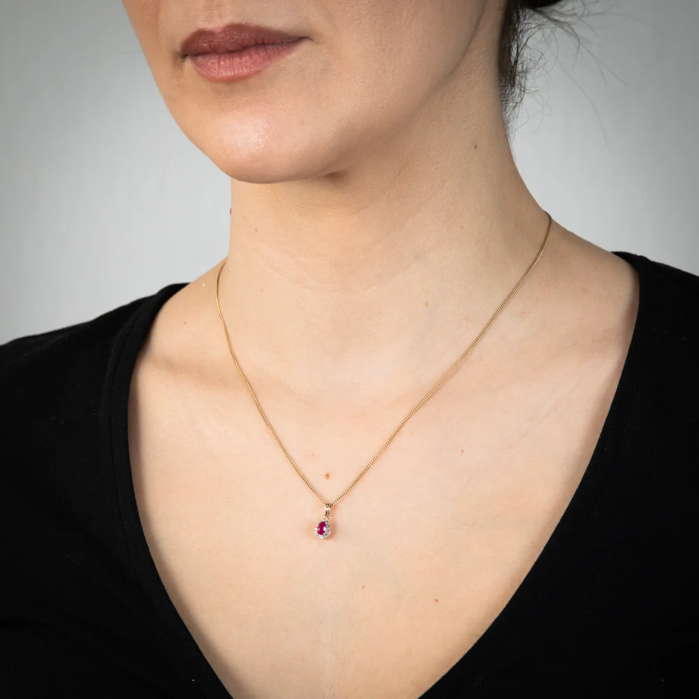 9ct Yellow Gold Diamond And Created Pear Ruby Pendant - Image 2