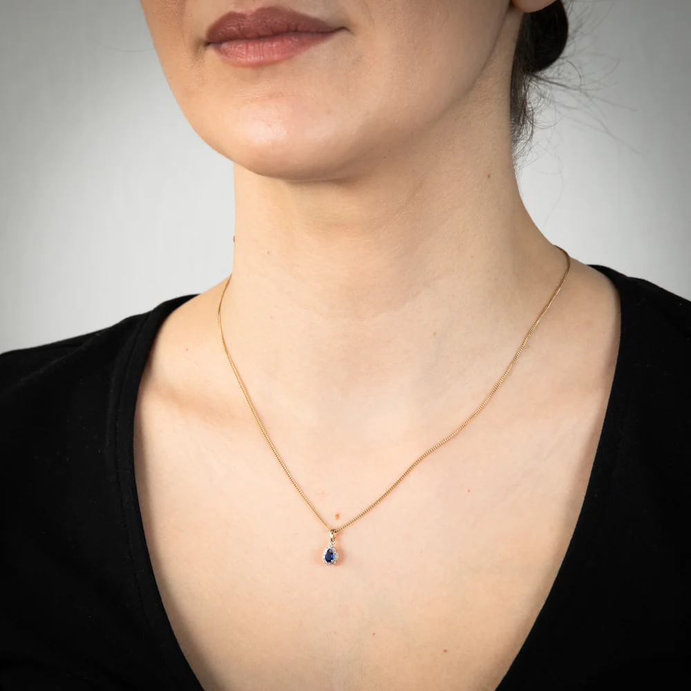 9ct Yellow Gold Diamond And Created Pear Sapphire Pendant - Image 2