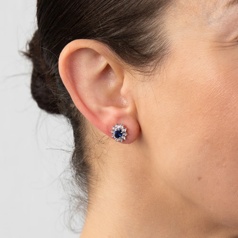 9ct Yellow Gold Diamond And Created Pear Sapphire Stud Earrings - Image 2