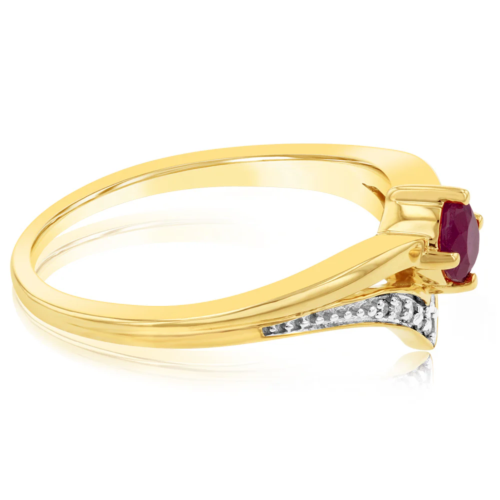 9ct Yellow Gold Diamond And Created Round Ruby Ring - Image 2