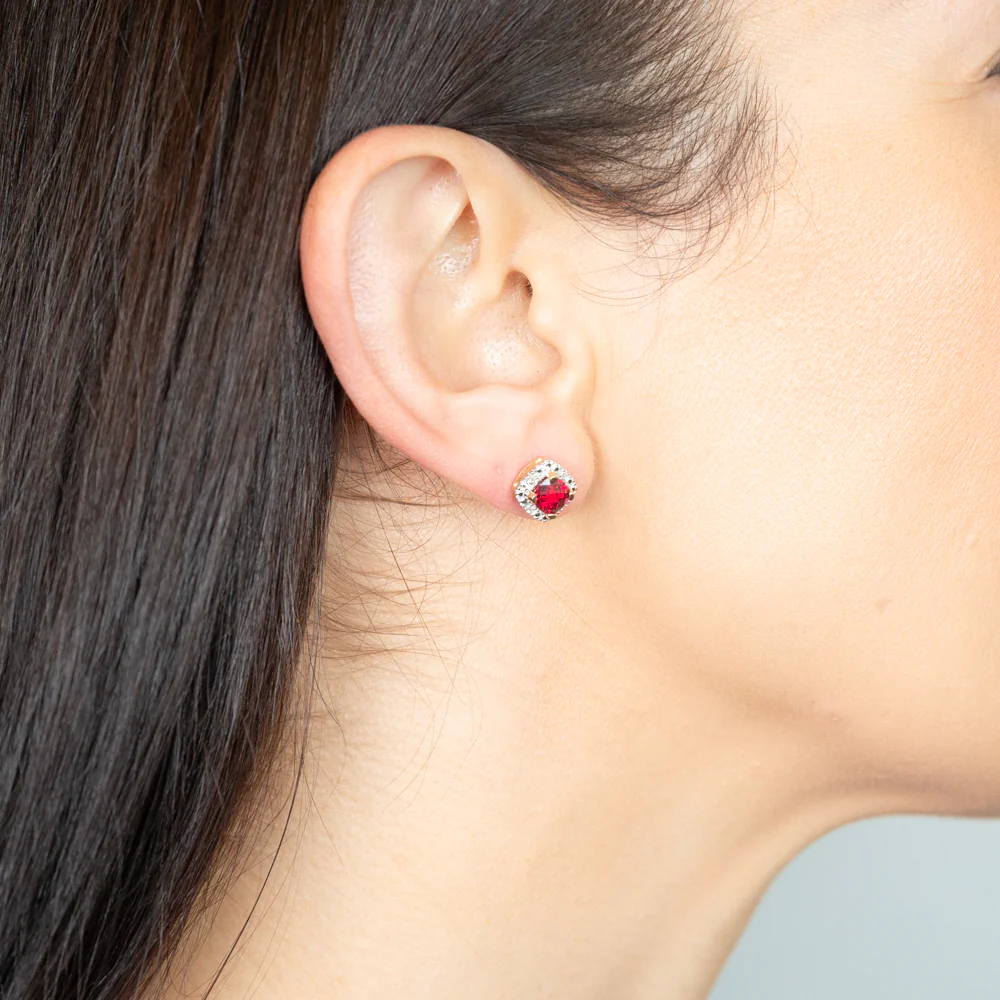 9ct Yellow Gold Diamond And Created Ruby Stud Earrings - Image 2