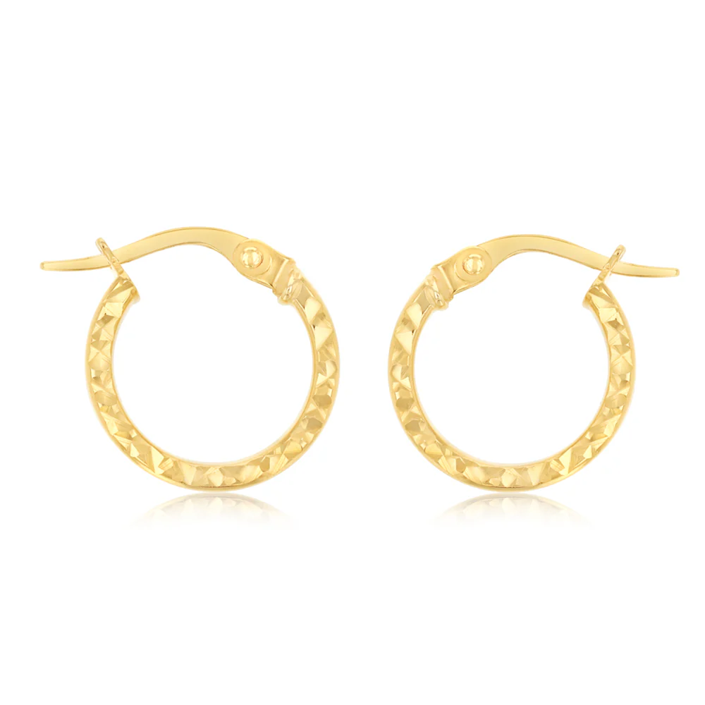9ct Yellow Gold Diamond Cut 10mm Hoop Earrings - Image 2