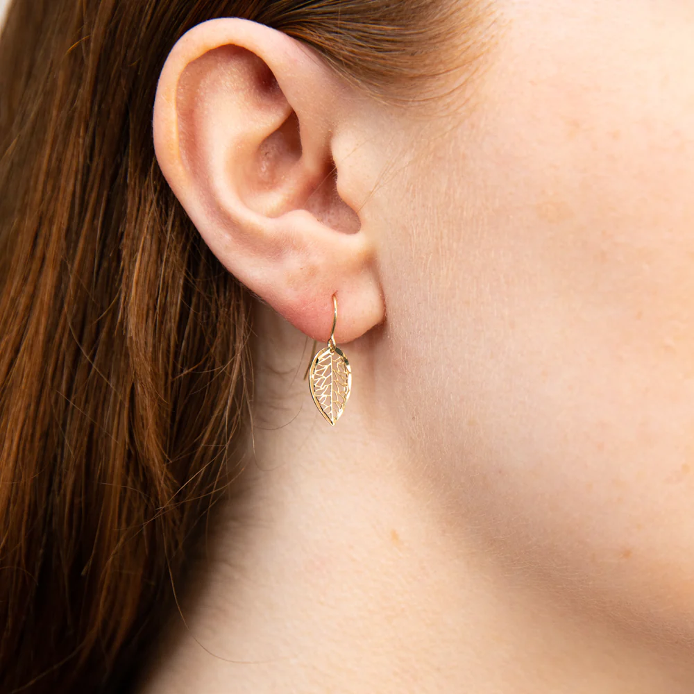 9ct Yellow Gold Diamond Cut Leaf Drop Hook Earrings - Image 2