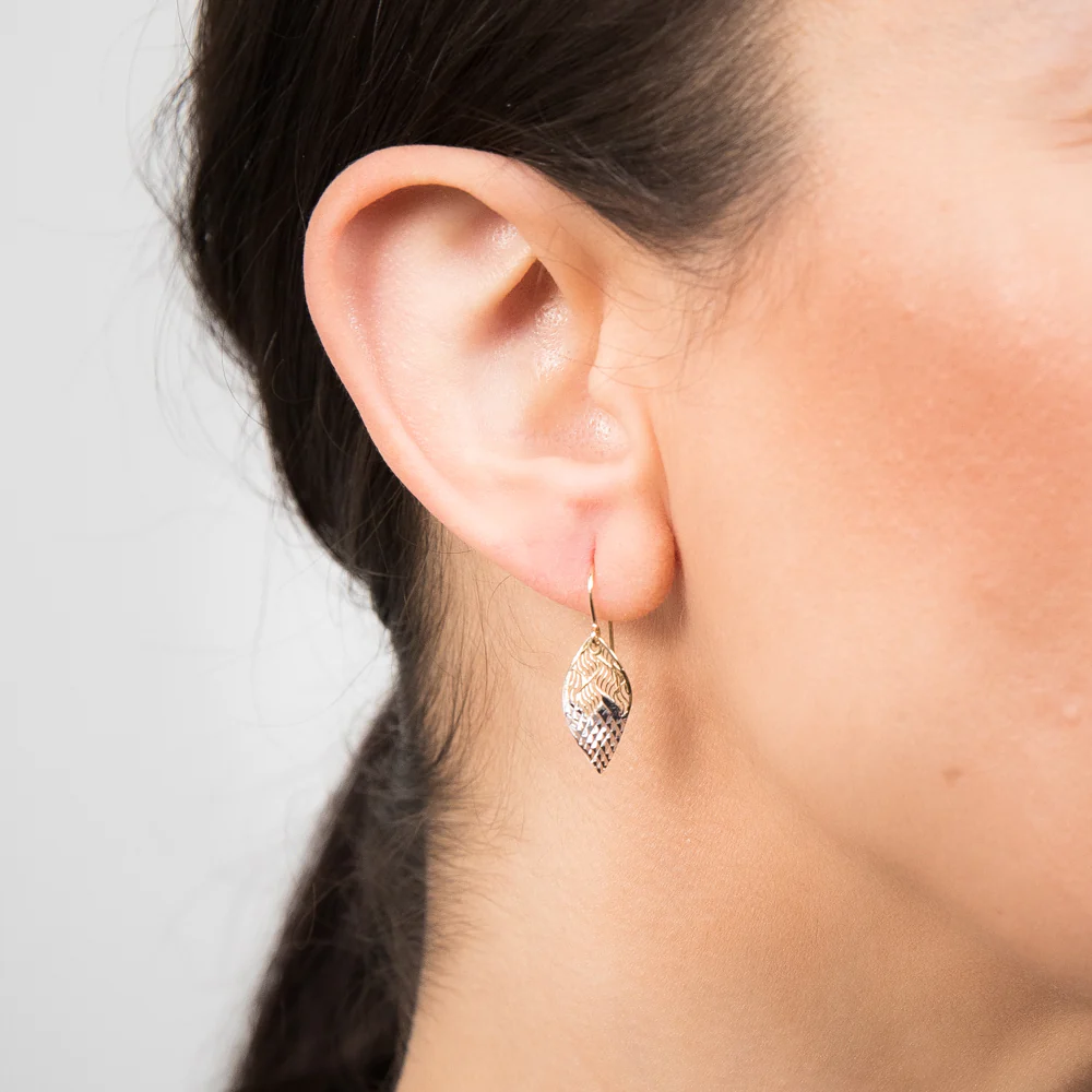 9ct Yellow Gold Diamond Cut Two tone Leaf Drop Earrings - Image 2