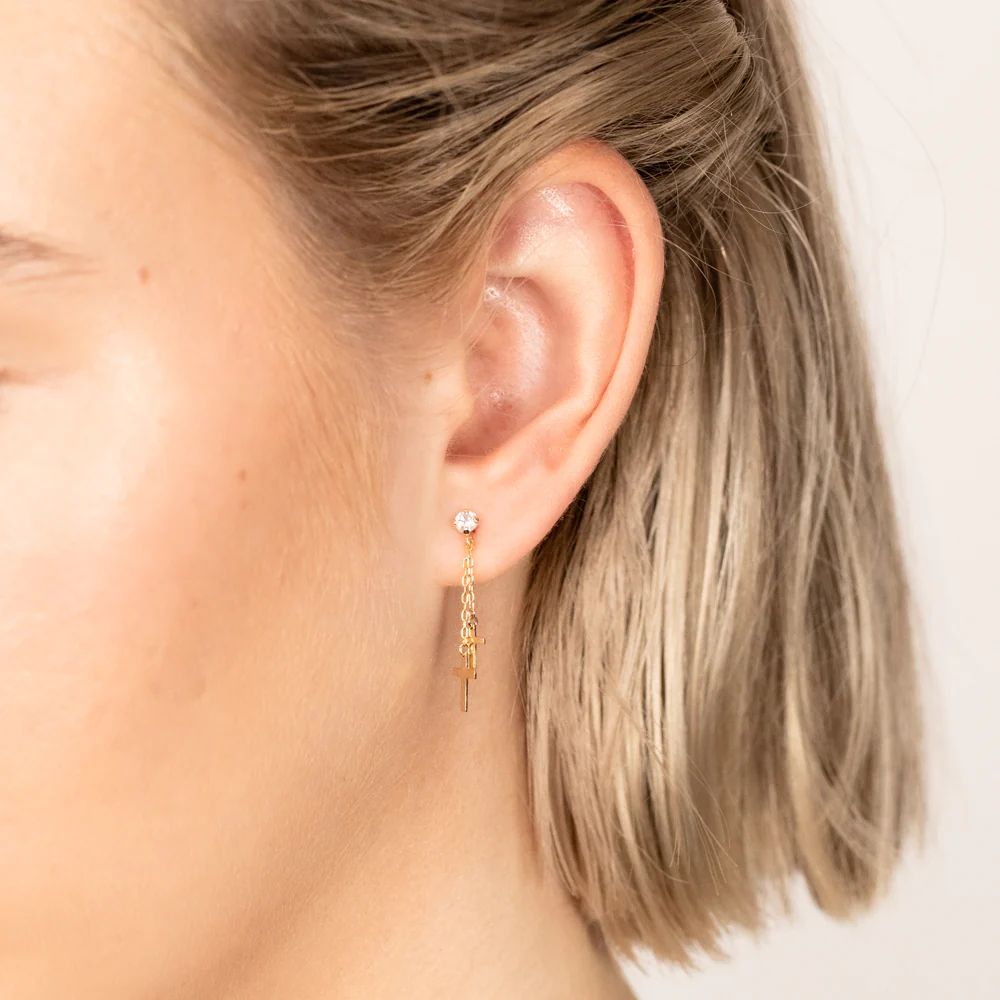 9ct Yellow Gold Double Cross On Chain Drop Earrings - Image 2