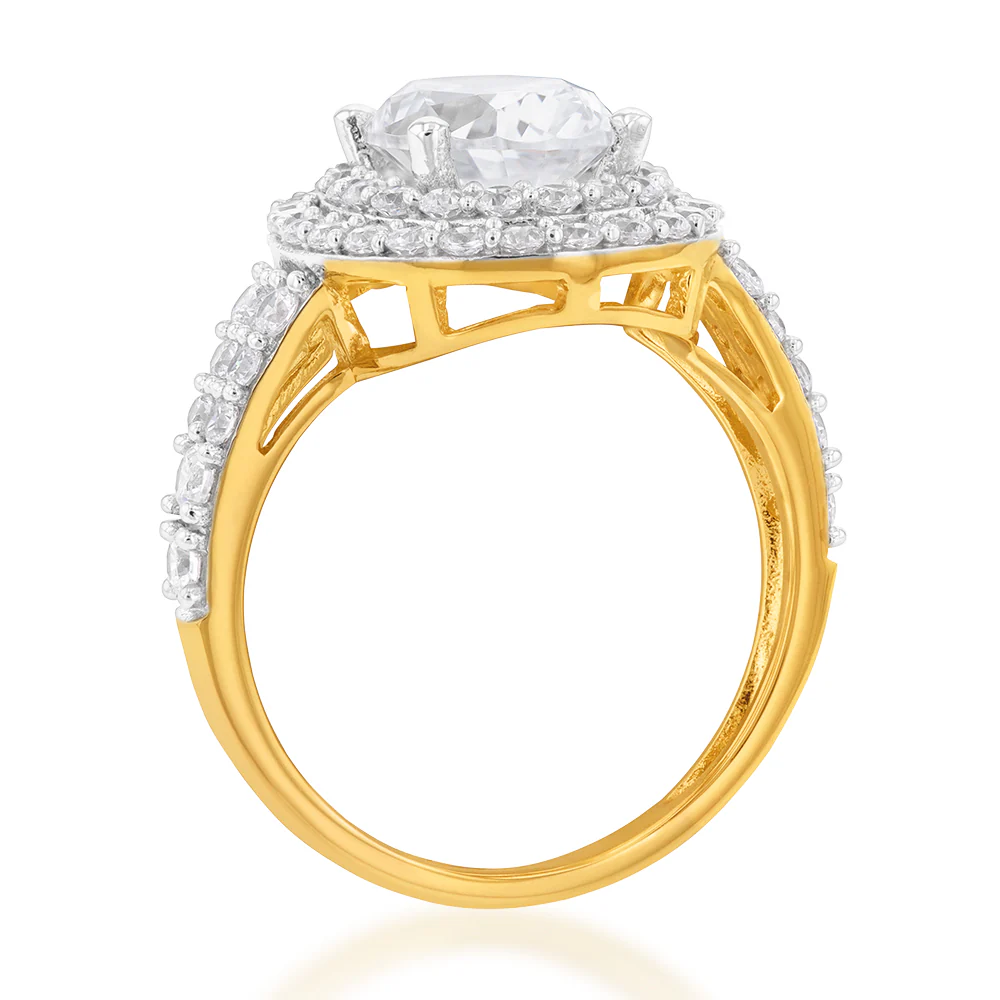 9ct Yellow Gold Double Halo 9x7mm Oval Zirconia Ring - Image 2