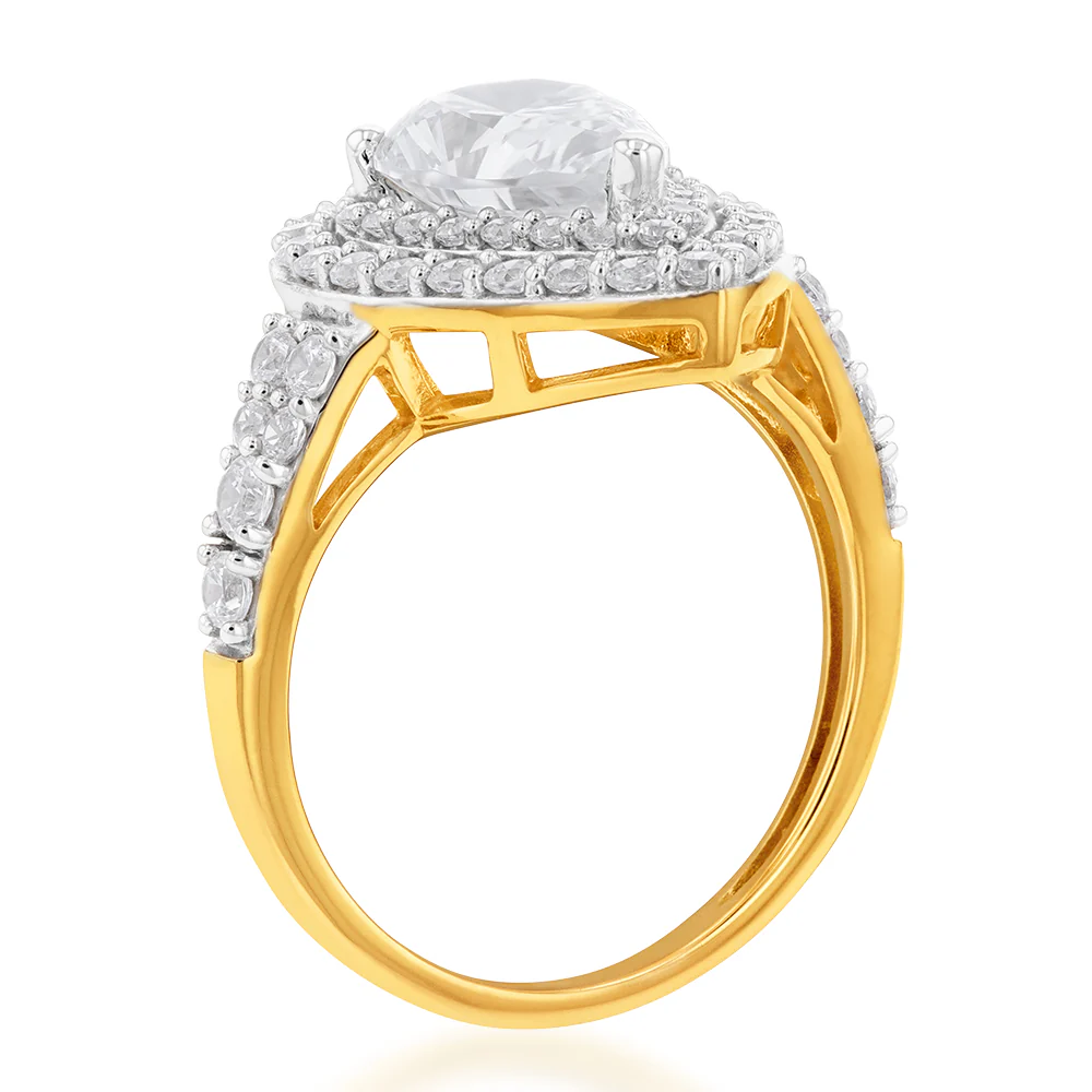 9ct Yellow Gold Double Halo Pear and Channel Zirconia Ring - Image 2