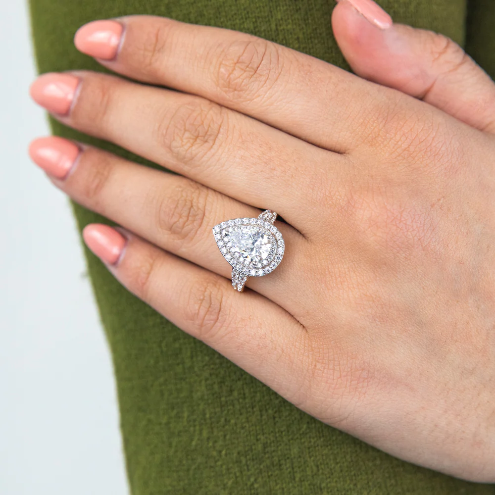 9ct Yellow Gold Double Halo Pear and Channel Zirconia Ring - Image 3
