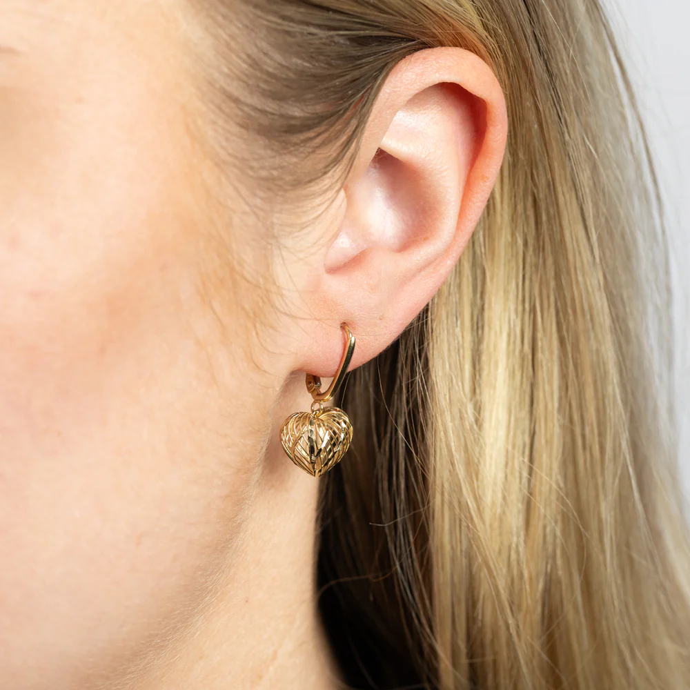9ct Yellow Gold Double Side Diamond Cut Heart Drop Earrings - Image 2