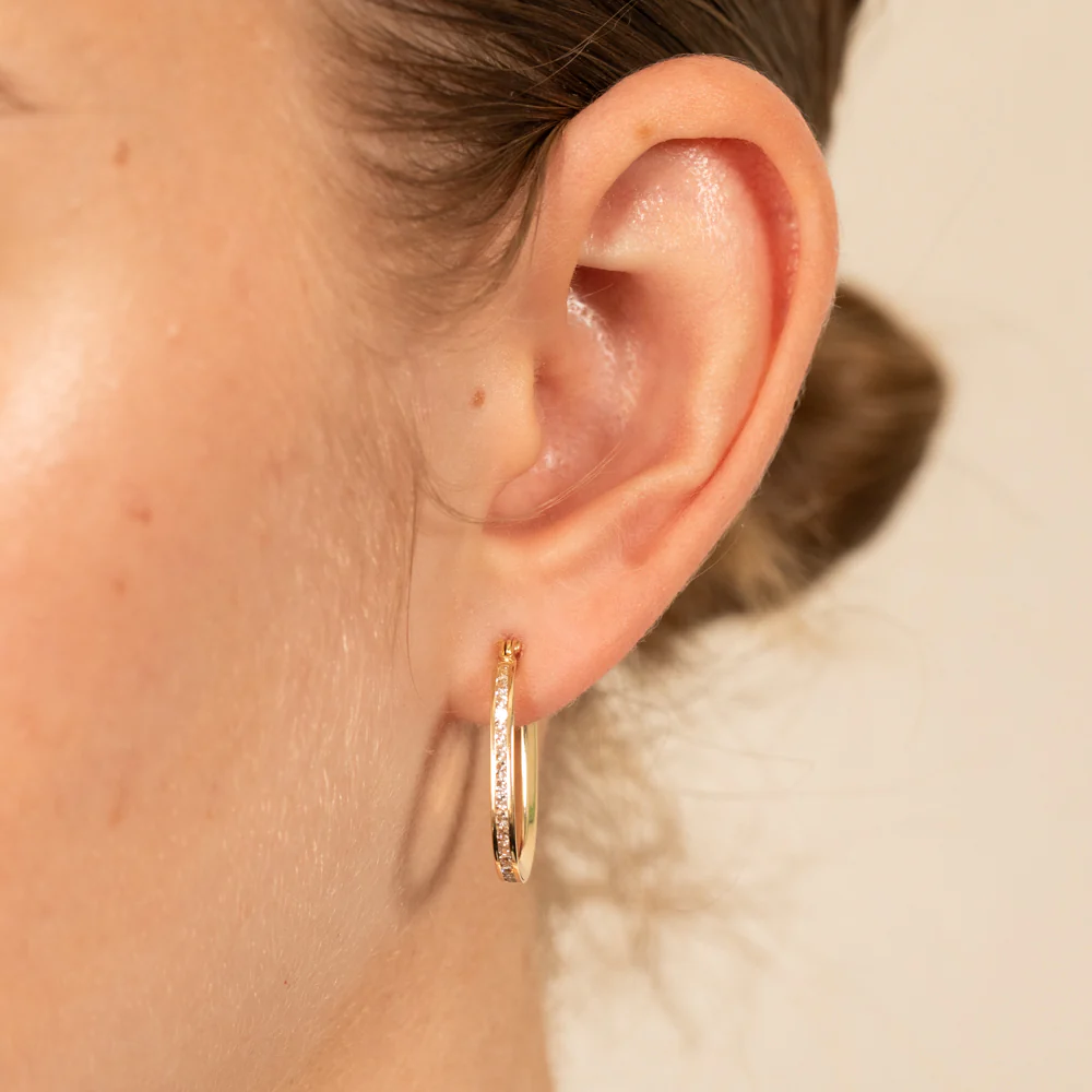 9ct Yellow Gold Double  Side Zirconia Elongated Hoop Earrings - Image 2
