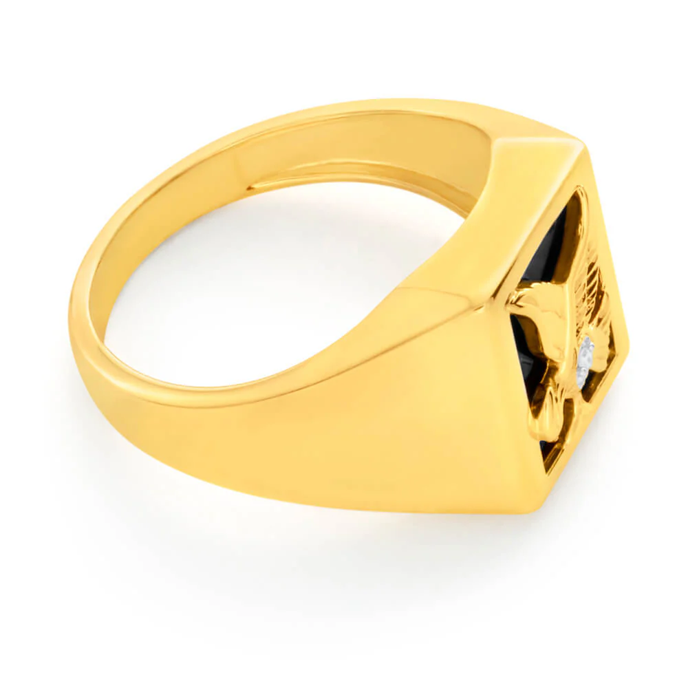 9ct Yellow Gold Eagle Gents Ring with Onyx and Diamond - Image 2