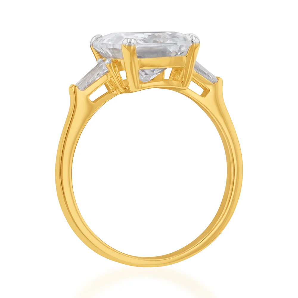 9ct Yellow Gold Emerald Cut and Baguette Zirconia Fancy Ring - Image 2