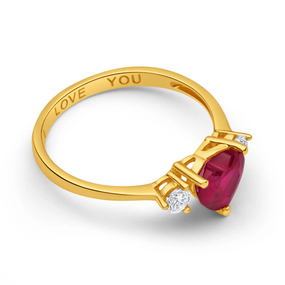 9ct Yellow Gold Engraved 'I Love You' Created Ruby and Cubic Zirconia Ring - Image 2