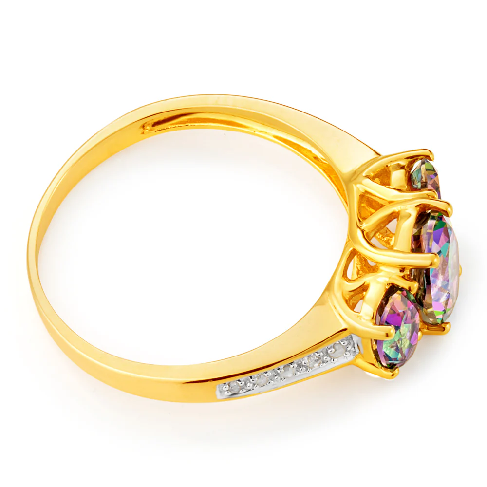 9ct Yellow Gold Enhanced Mystic Topaz Oval Cut & Diamond Trilogy Ring - Image 2