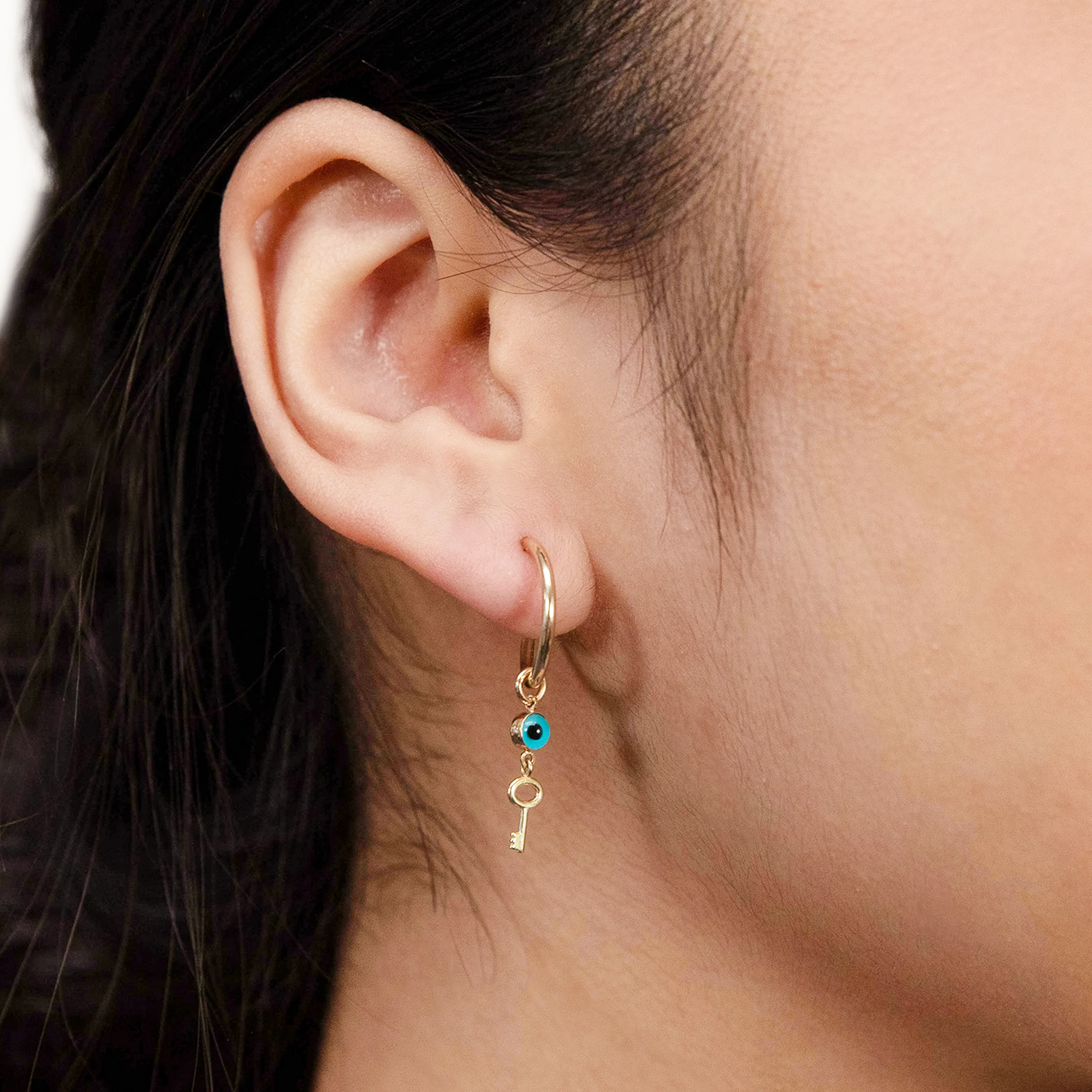 9ct Yellow Gold Evil Eye & Key On Hoop Earrings - Image 2