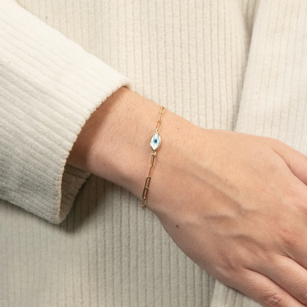 9ct Yellow Gold Evil Eye Paperclip 19cm Bracelet - Image 3
