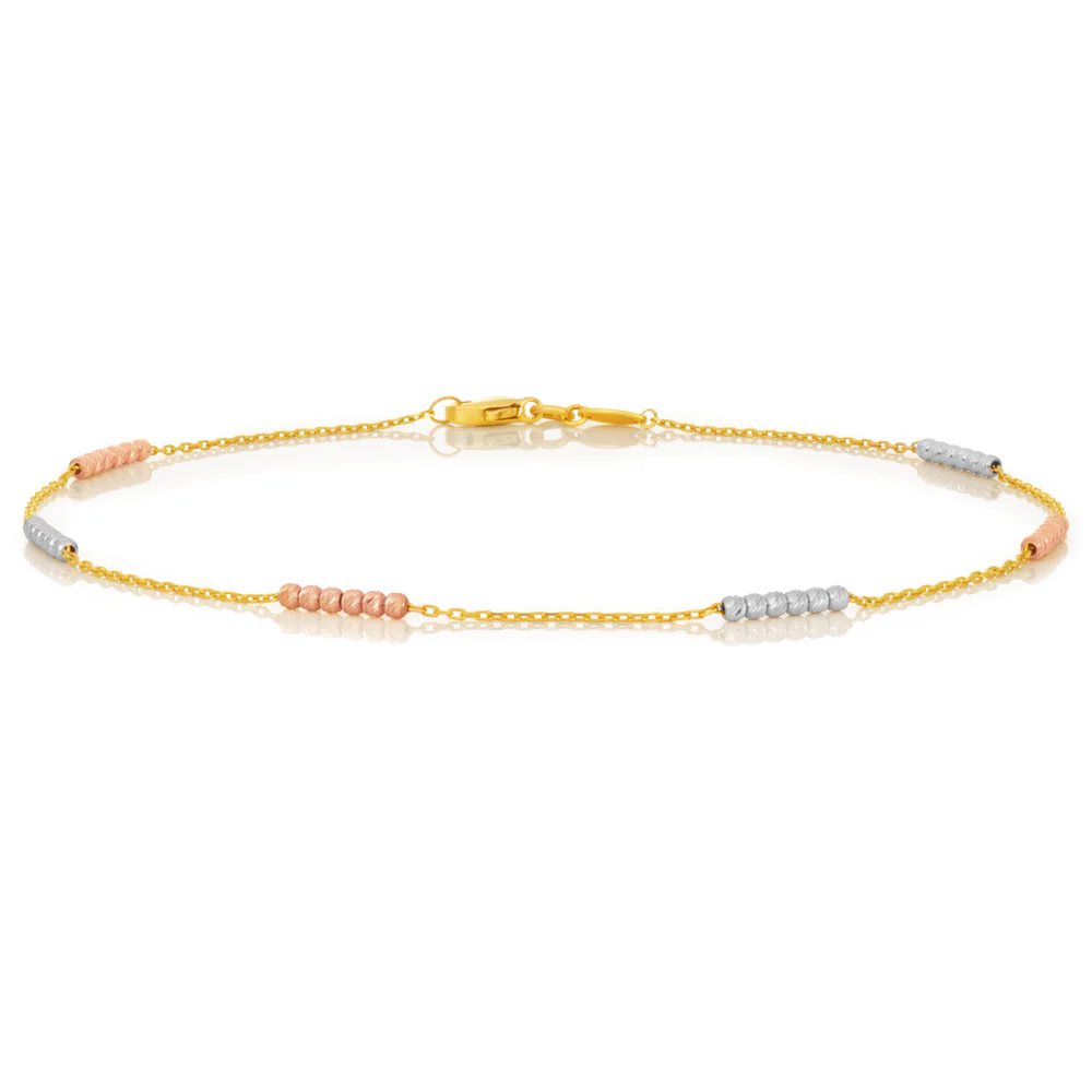9ct Yellow Gold Fancy Anklet with Dicut Beads 3 Tones 27cm - Image 2