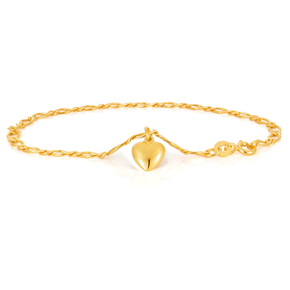 9ct yellow gold fancy figaro 18.5cm bracelet with a heart charm - Image 2