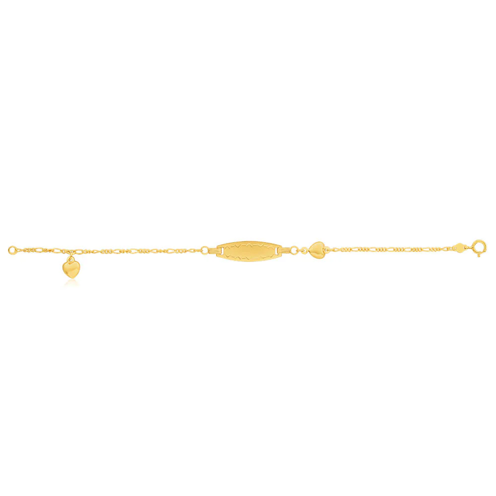 9ct Yellow Gold Figaro 1:3 ID 16cm Bracelet with Heart Charms - Image 2