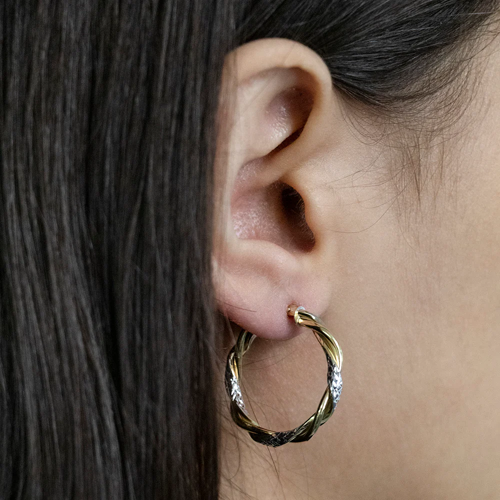 9ct Yellow Gold-Filled Twist Two Tone Hoop Earrings with Diamond Cutting Feature - Image 2