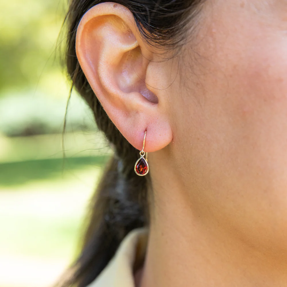 9ct Yellow Gold Garnet Pear Drop Earrings - Image 2