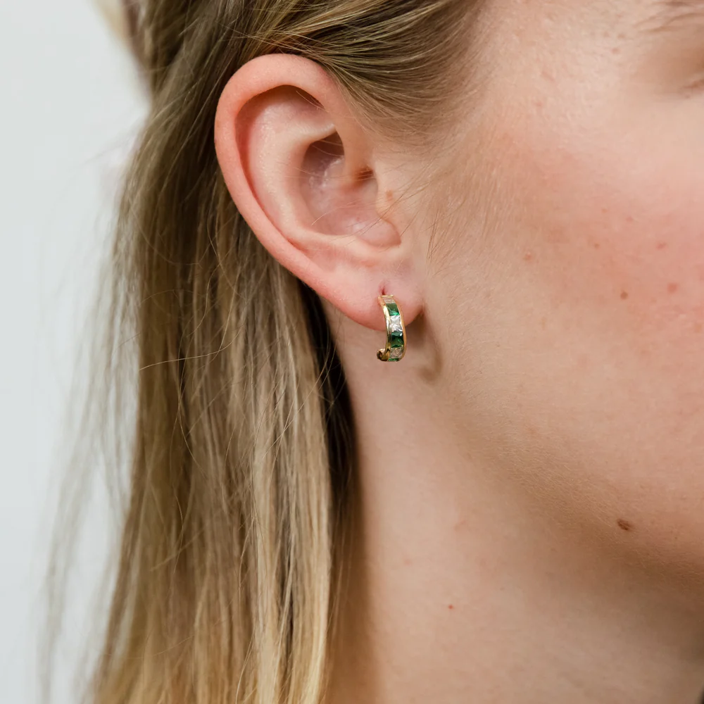 9ct Yellow Gold Green and White Zirconia Half Hoop Earrings - Image 2