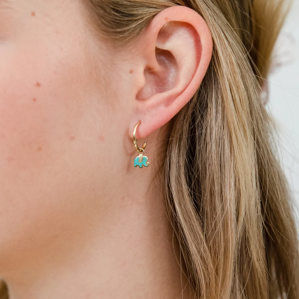 9ct Yellow Gold Green Elephant Dangling On Sleeper Earrings - Image 2