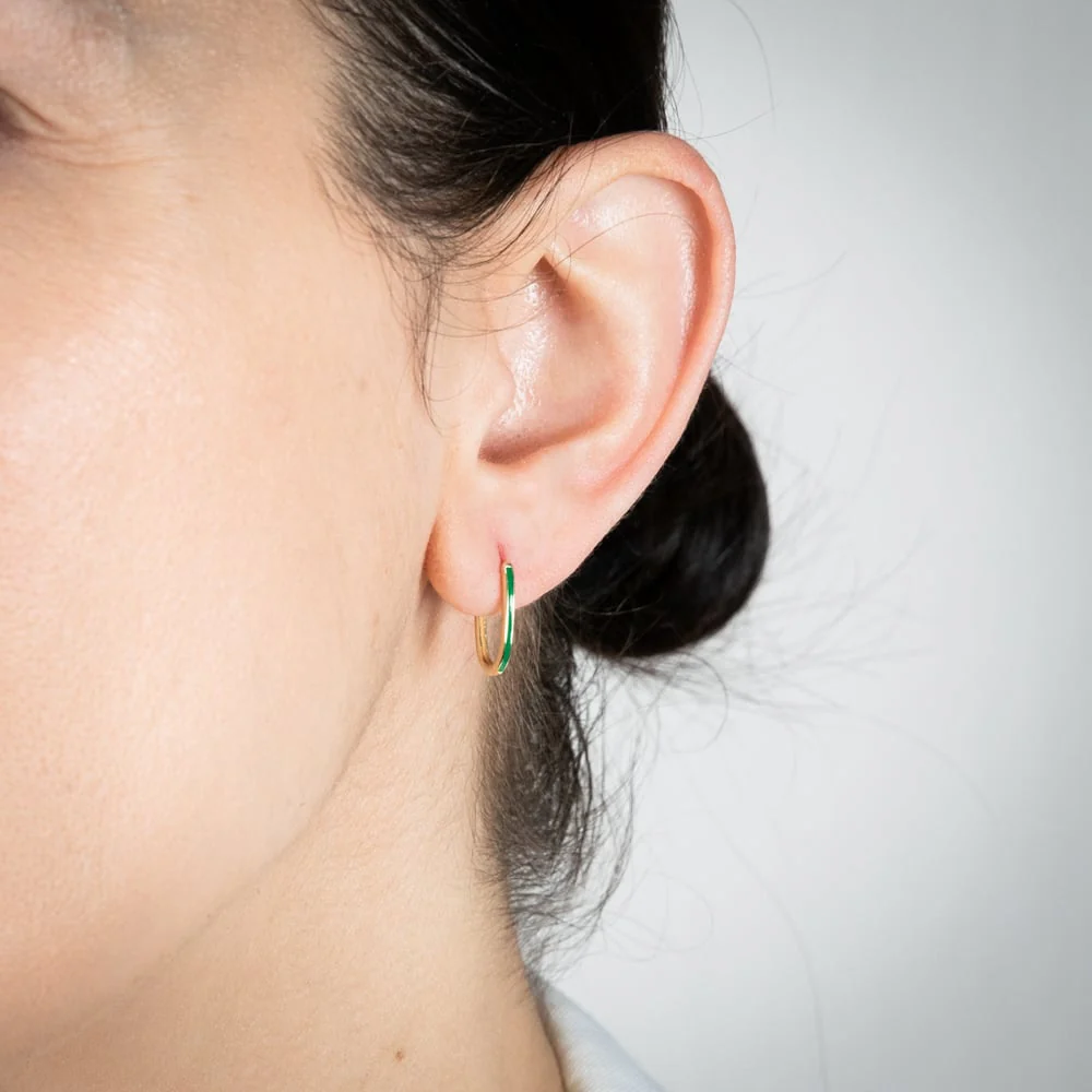 9ct Yellow Gold Green Enamel Hoop Earrings - Image 2