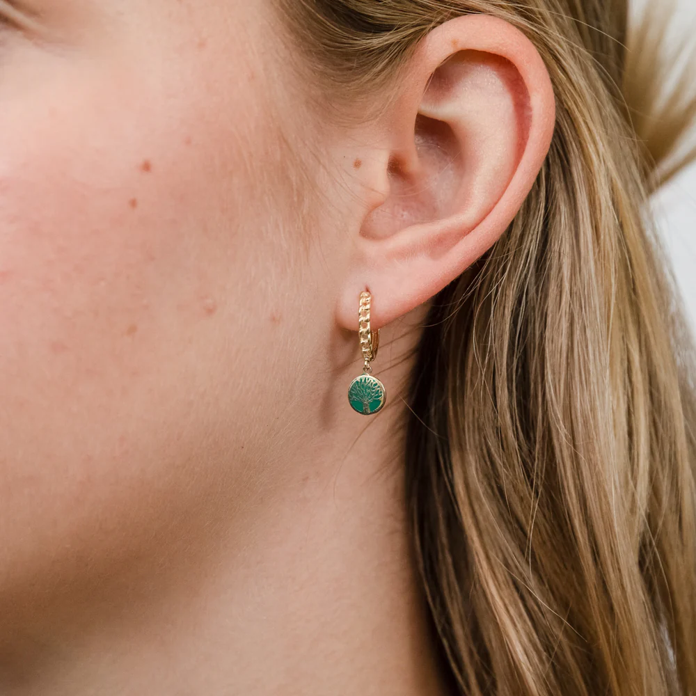 9ct Yellow Gold Green Tree Of Life Dangling On Sleeper Earrings - Image 2