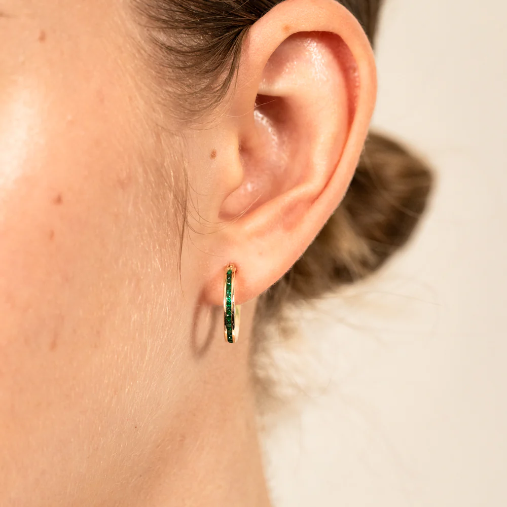 9ct Yellow Gold Green Zirconia Slim Hoop Earrings - Image 2