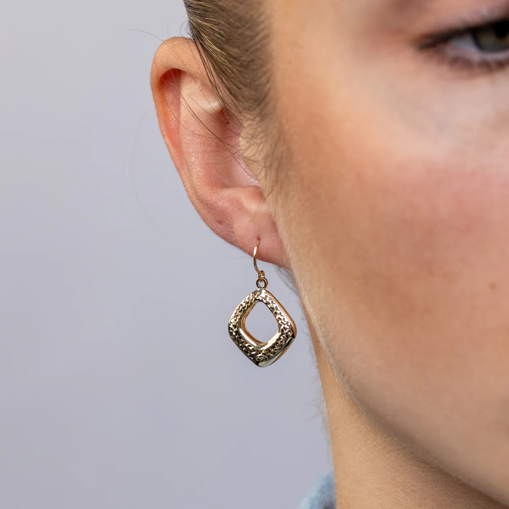 9ct Yellow Gold Hammered Open Diamond-Shaped Drop Earrings - Image 2