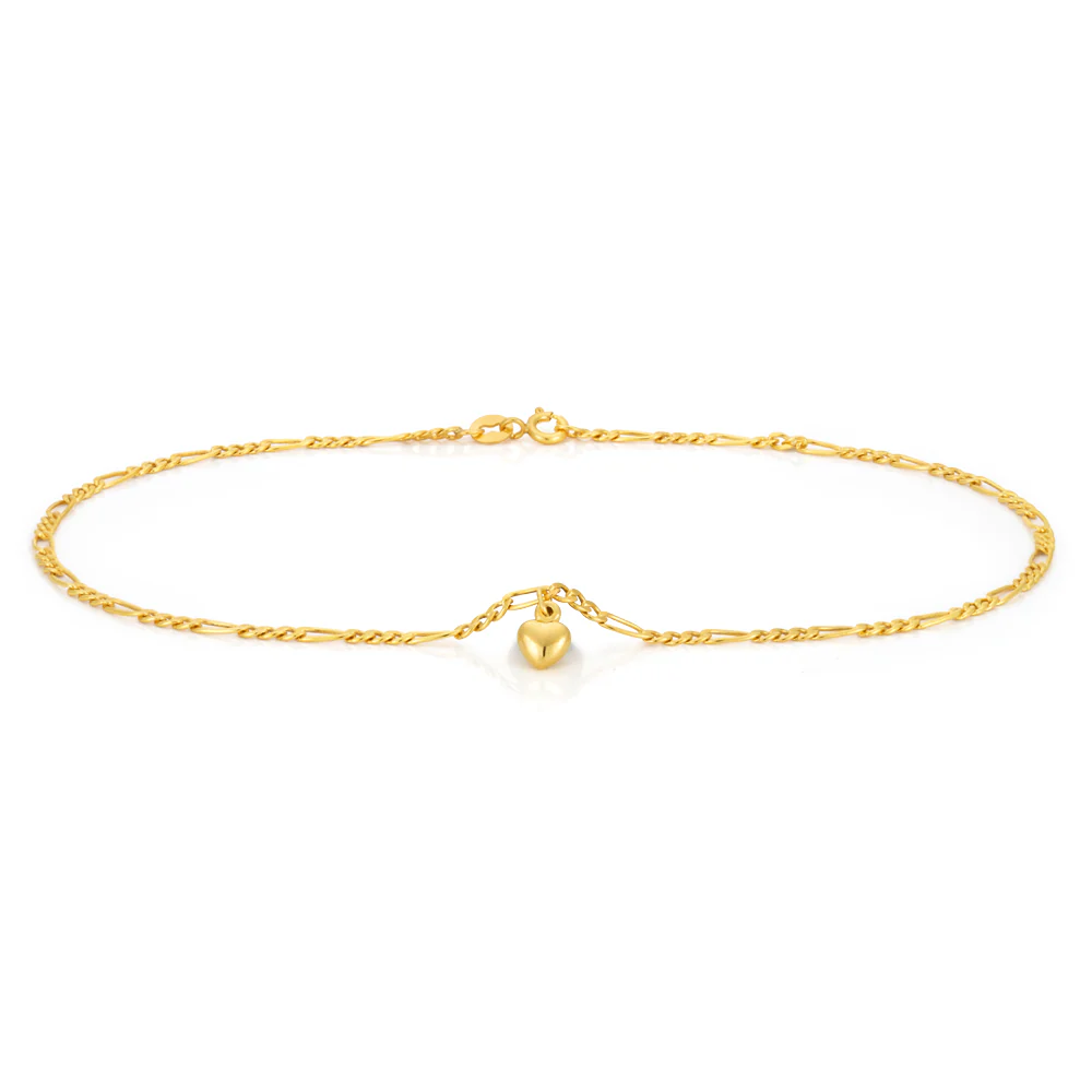 9ct Yellow Gold Heart Charm 3:1 Figaro 29cm Anklet - Image 2