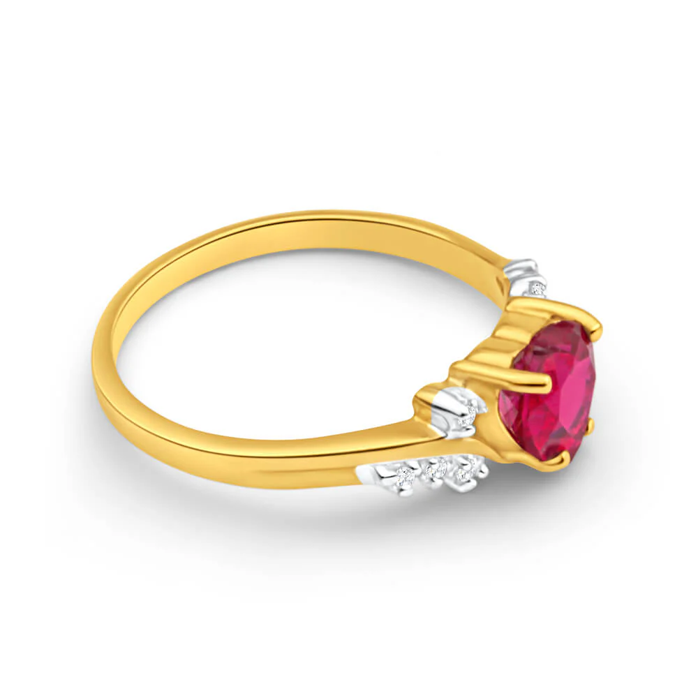 9ct Yellow Gold Heart Created Ruby + Diamond Ring - Image 2