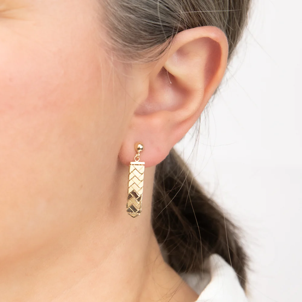 9ct Yellow Gold Herringbone Pattern Drop Earrings - Image 2