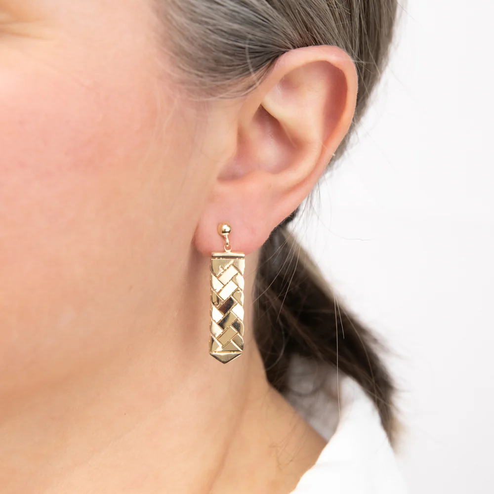 9ct Yellow Gold Herringbone Pattern Drop Earrings - Image 2