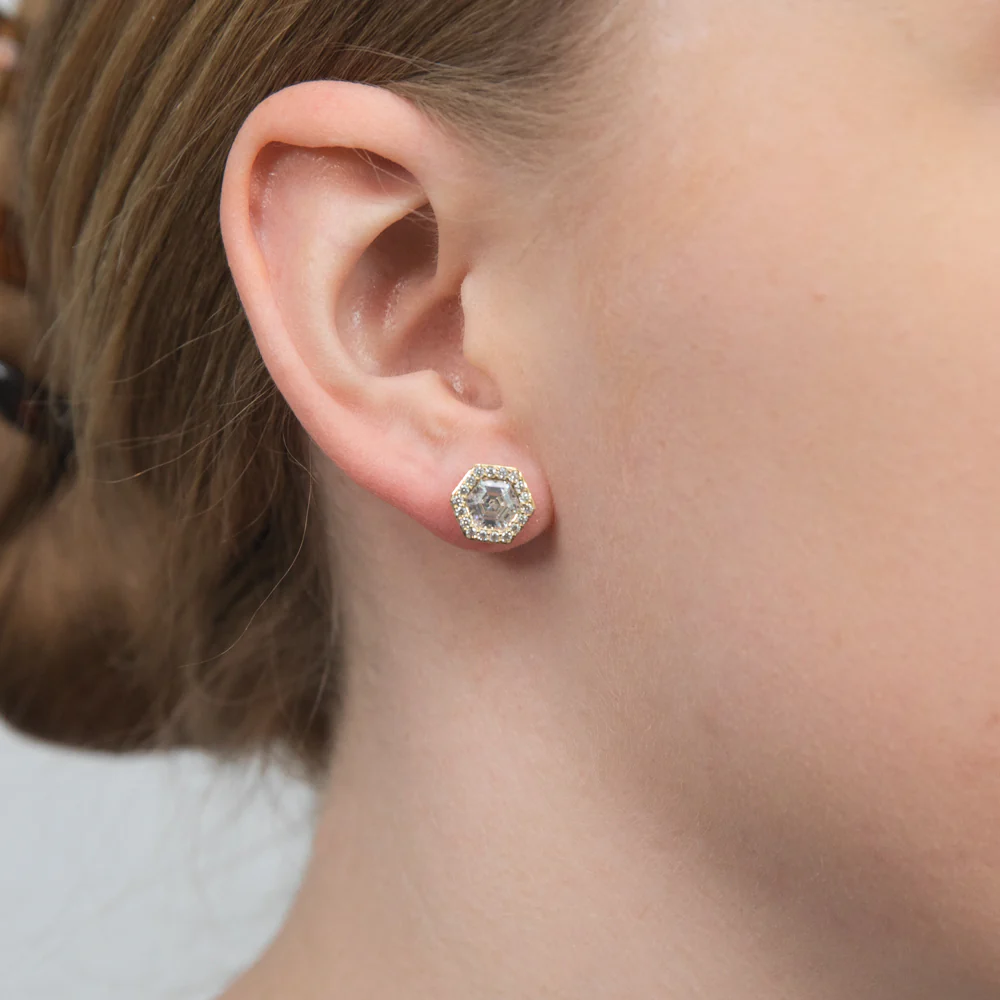 9ct Yellow Gold Hexagonal Cubic Zirconia Halo Stud Earrings - Image 2